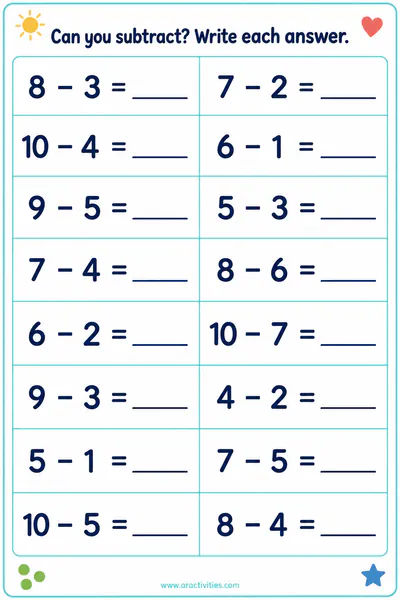 Free Grade 1 subtraction within 10 worksheet preview